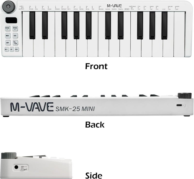 M-VAVE 25 Keys Mini Keyboard – Professional Beat Maker and Keytar for Keyboard Music Production Builtin Battery Wireless Connect White - Image 2